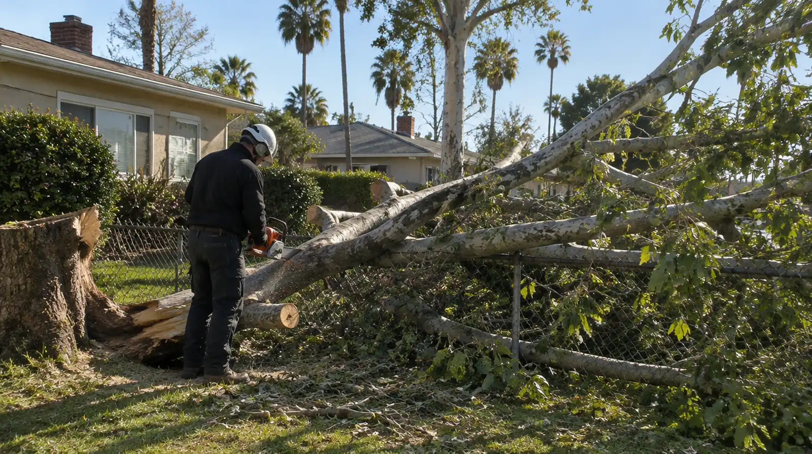 Crew clearing a storm-fallen tree in Lakewood, CA