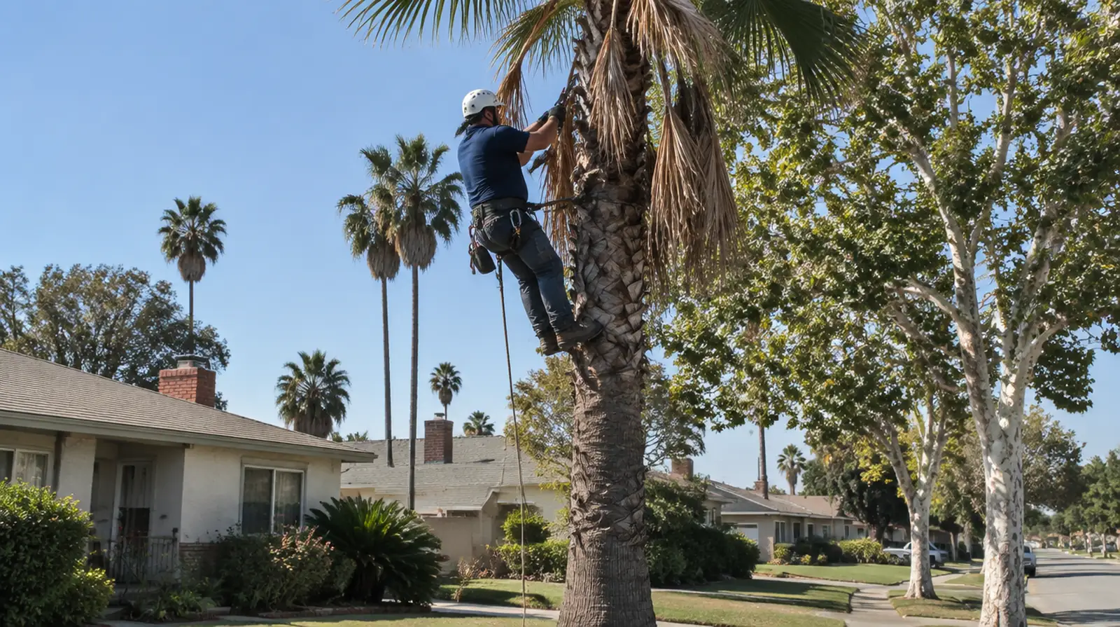 Worker trimming dead fronds from a palm tree in Lakewood, CA