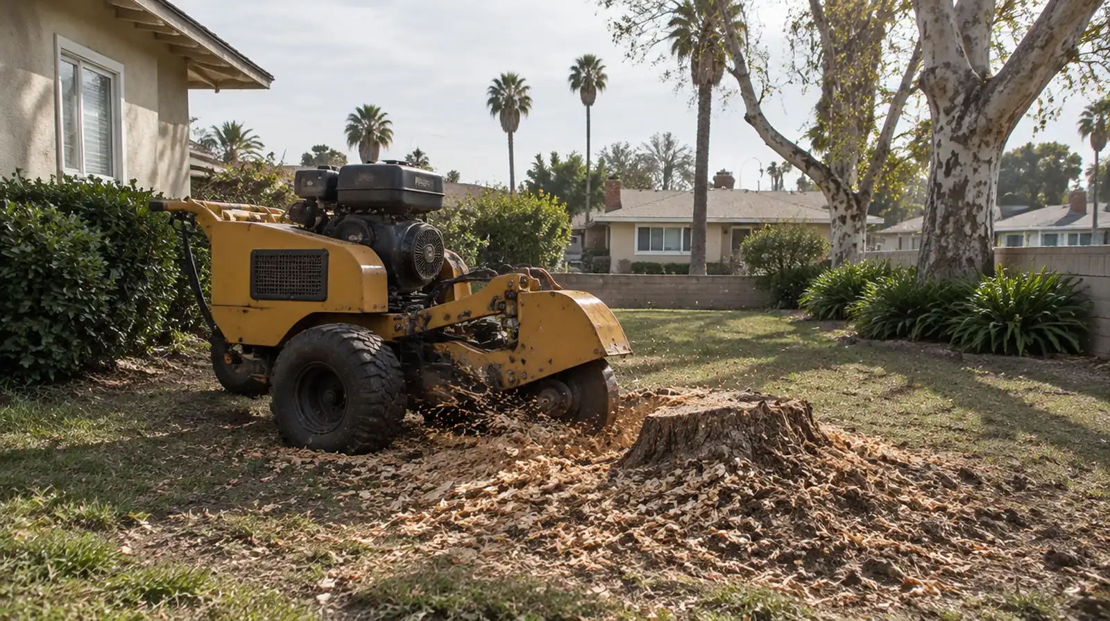 Stump grinder removing a tree stump in Lakewood, CA