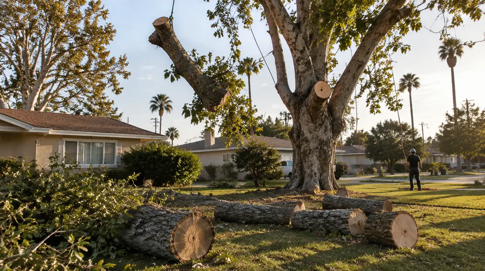 Tree being removed in sections in Lakewood, CA
