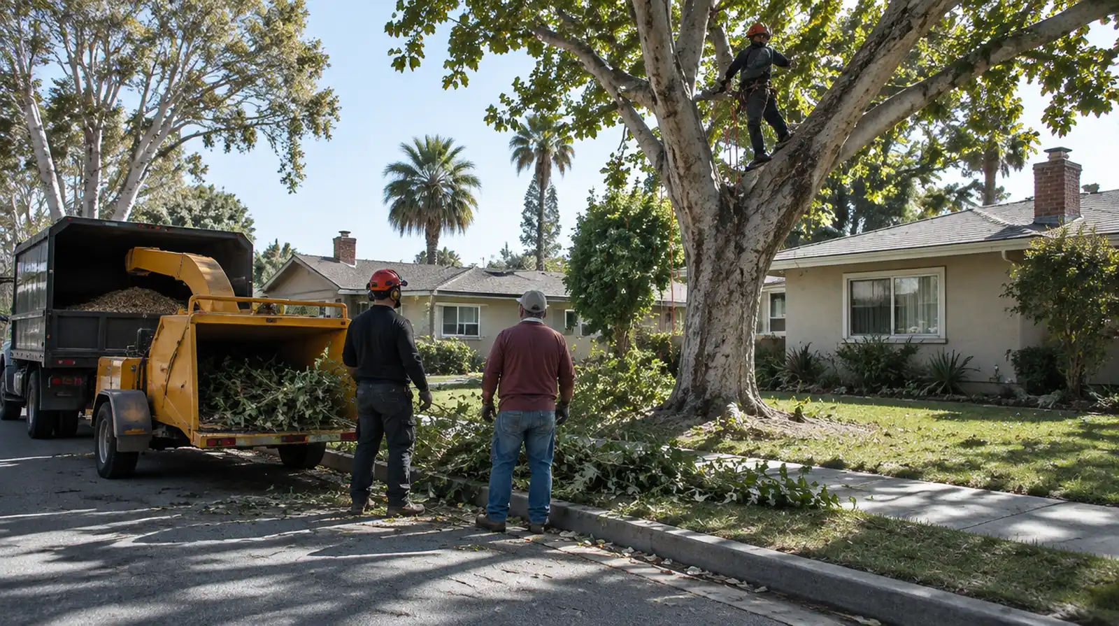 Tree service crew trimming a tree beside a home in Lakewood, CA