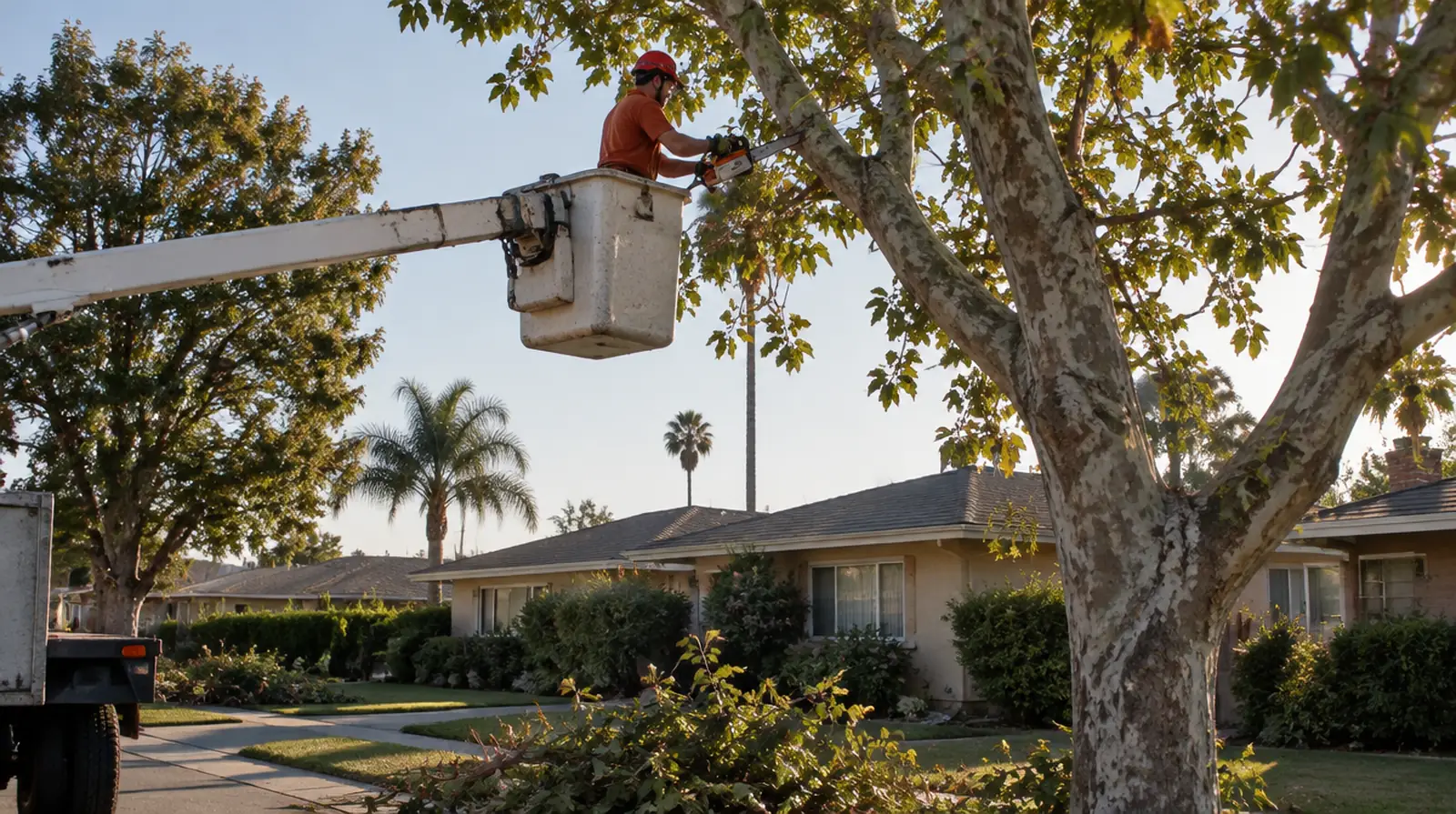 Arborist trimming tree branches from a bucket lift in Lakewood, CA